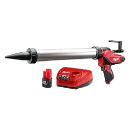 M12 20oz. Aluminum Barrel Sausage Style Caulk and Adhesive Gun Kit with battery and charger, featuring a red and black design.