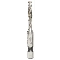 The SHOCKWAVE%2010-24%20IMPACT%20DRILL%20TAP is a metal drill bit featuring a threaded design for tapping operations. It has a silver finish, spiral flutes, and hex shank. The product is designed for precise drilling and durability, indicated by its robust construction and branding inscribed on the shank.