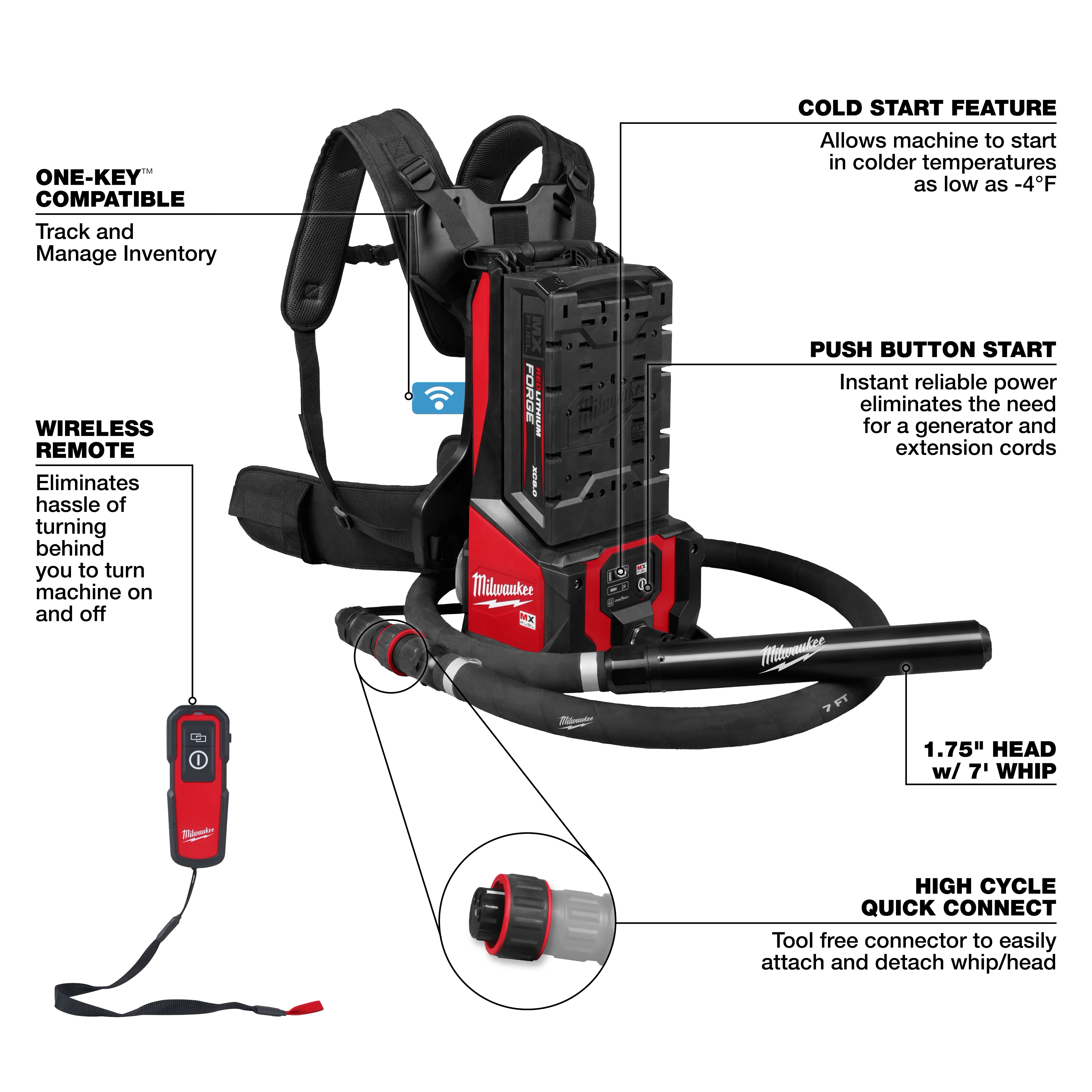 MX FUEL™ Backpack High Cycle Concrete Vibrator Kit w/ 7' Whip / 1.75" Head