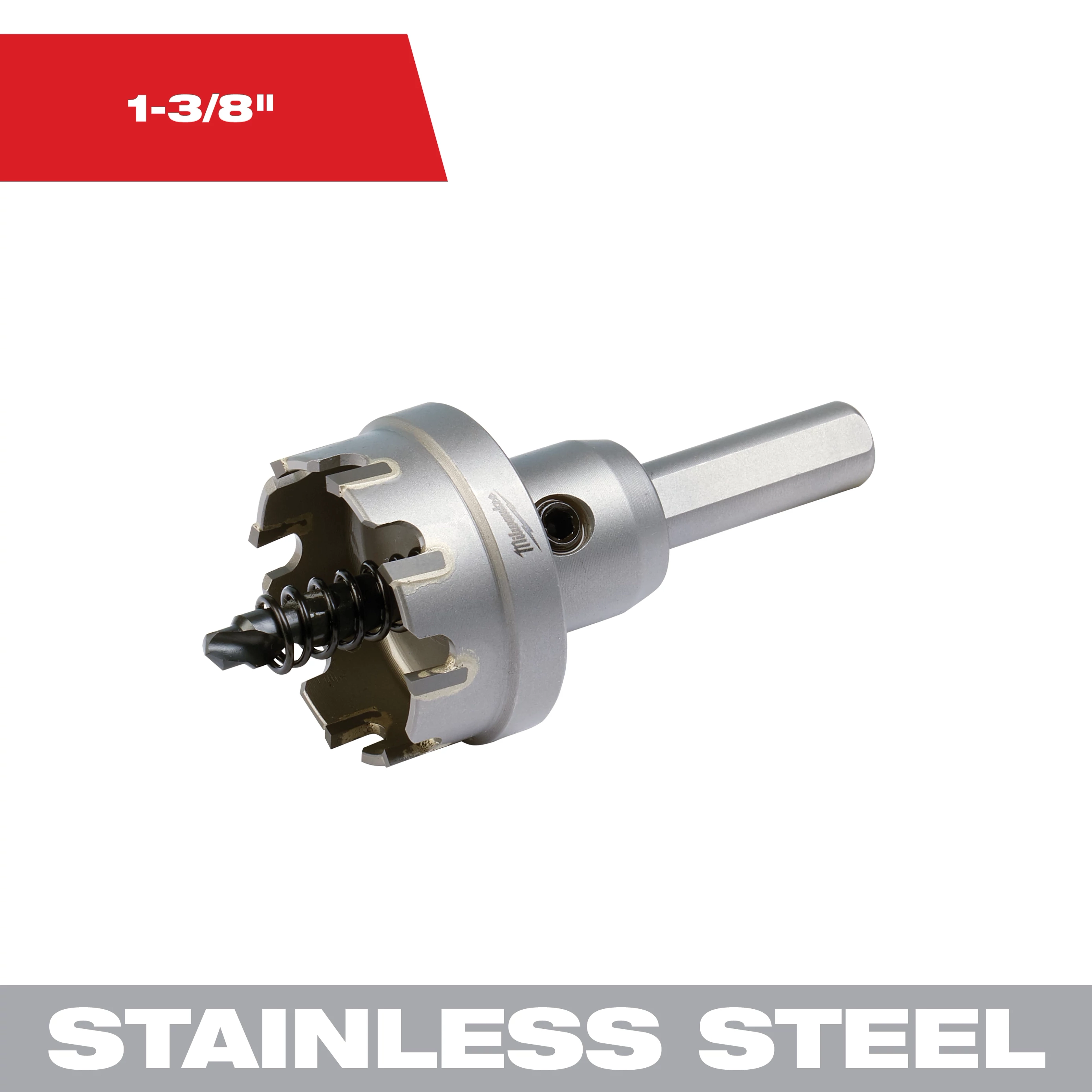 1-3/8 in. Carbide Hole Cutter (1-Pack) is a stainless steel tool designed for cutting precise holes. The product features a durable carbide tip and a spiral spring for efficient drilling.