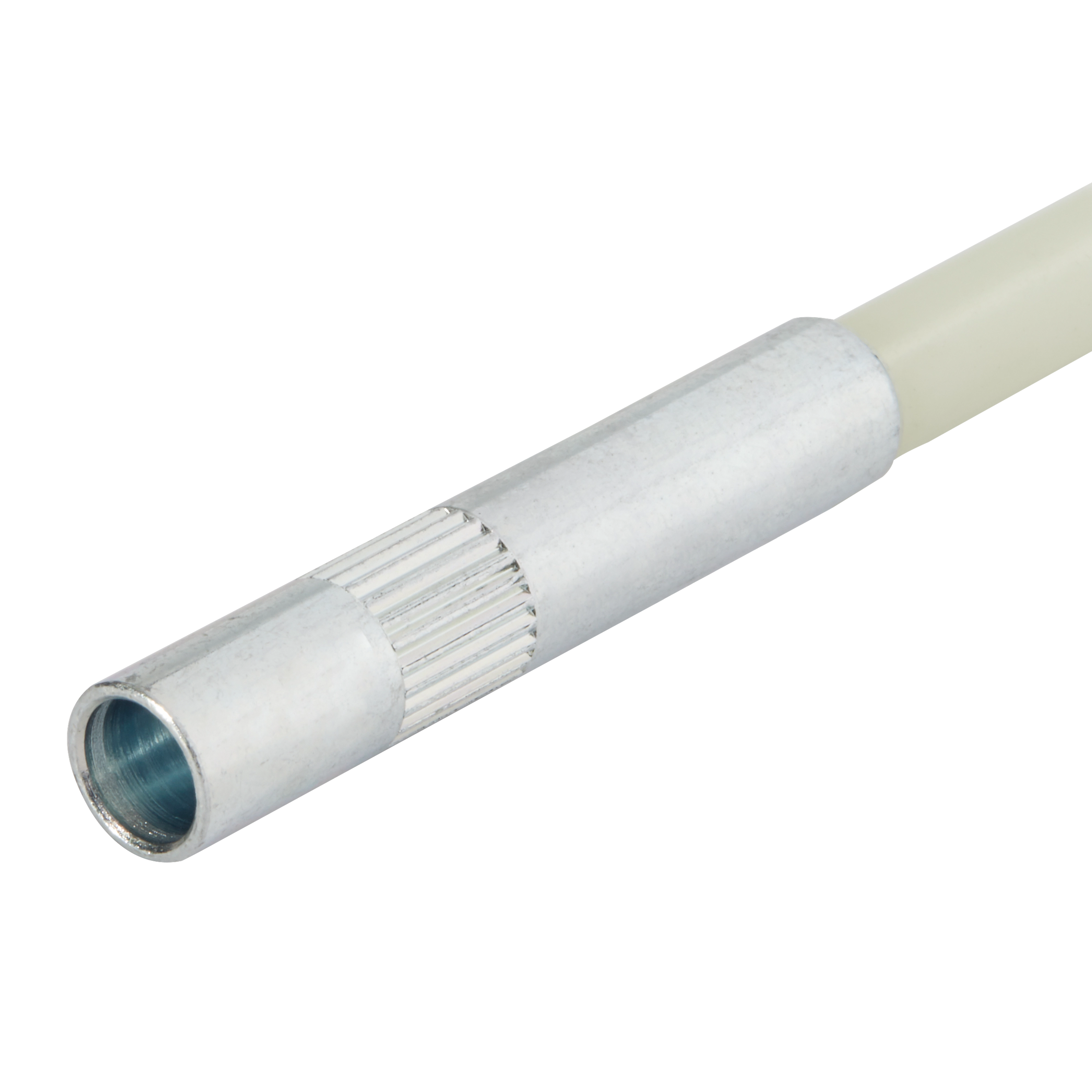 5 Foot Mid Flex Fish Stick end, showcasing a cylindrical metal tip attached to a flexible, translucent rod for wire fishing.