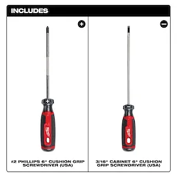 2 PC. Cushion Grip Screwdriver Set (USA) includes a #2 Phillips 6" screwdriver and a 3/16" cabinet 6" screwdriver, both with black and red handles.
