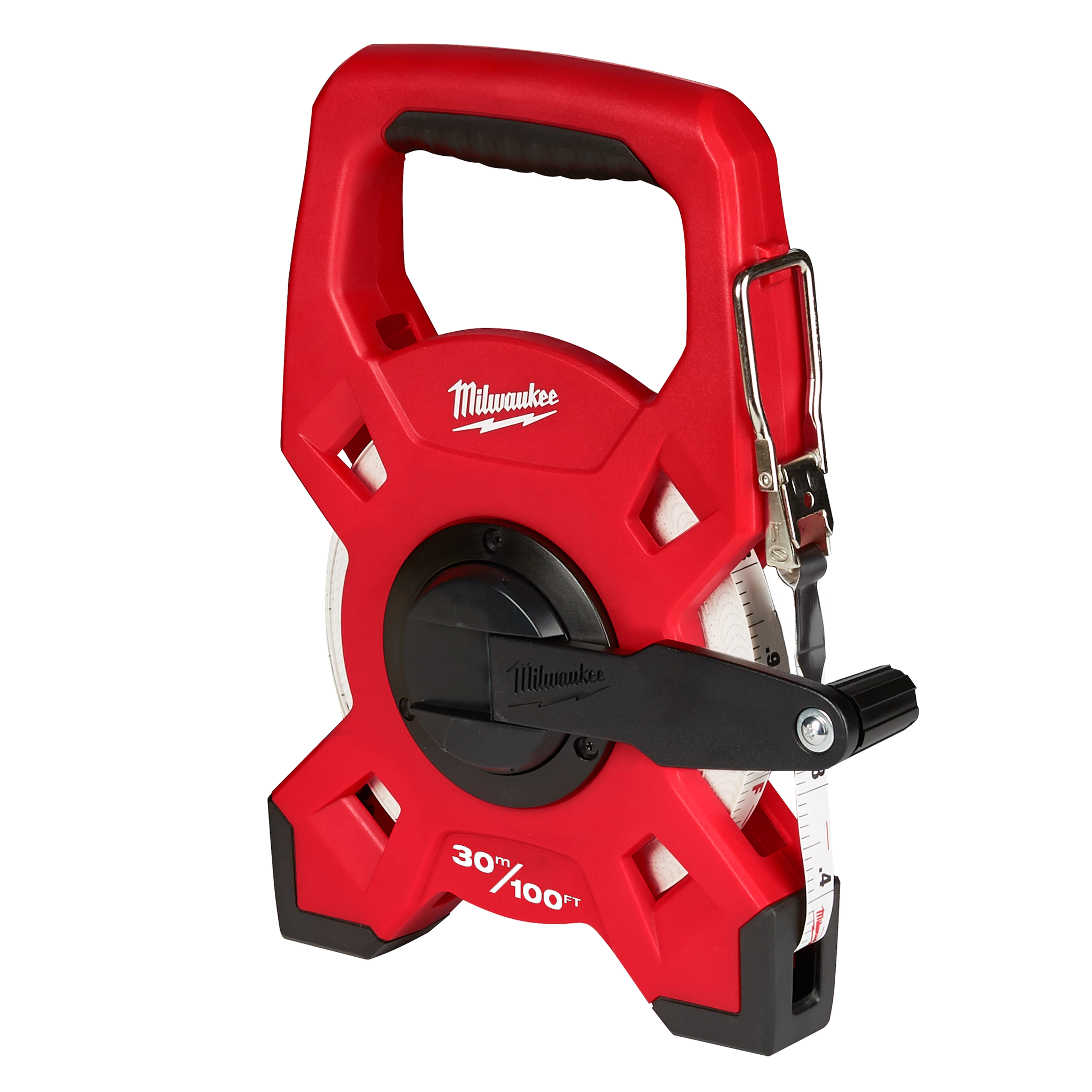 Red 30m100ft Fiberglass Long Tape with a black grip handle, made by Milwaukee. Features a manual winding mechanism for tape retraction.