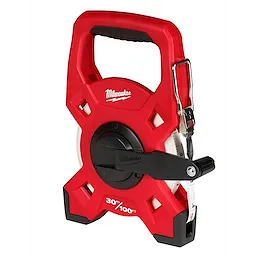 Red 30m100ft Fiberglass Long Tape with a black grip handle, made by Milwaukee. Features a manual winding mechanism for tape retraction.