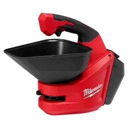 M12 Handheld Broadcast Spreader with a large black hopper and ergonomic handle on a compact red body.