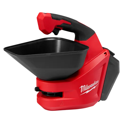 M12 Handheld Broadcast Spreader with a large black hopper and ergonomic handle on a compact red body.