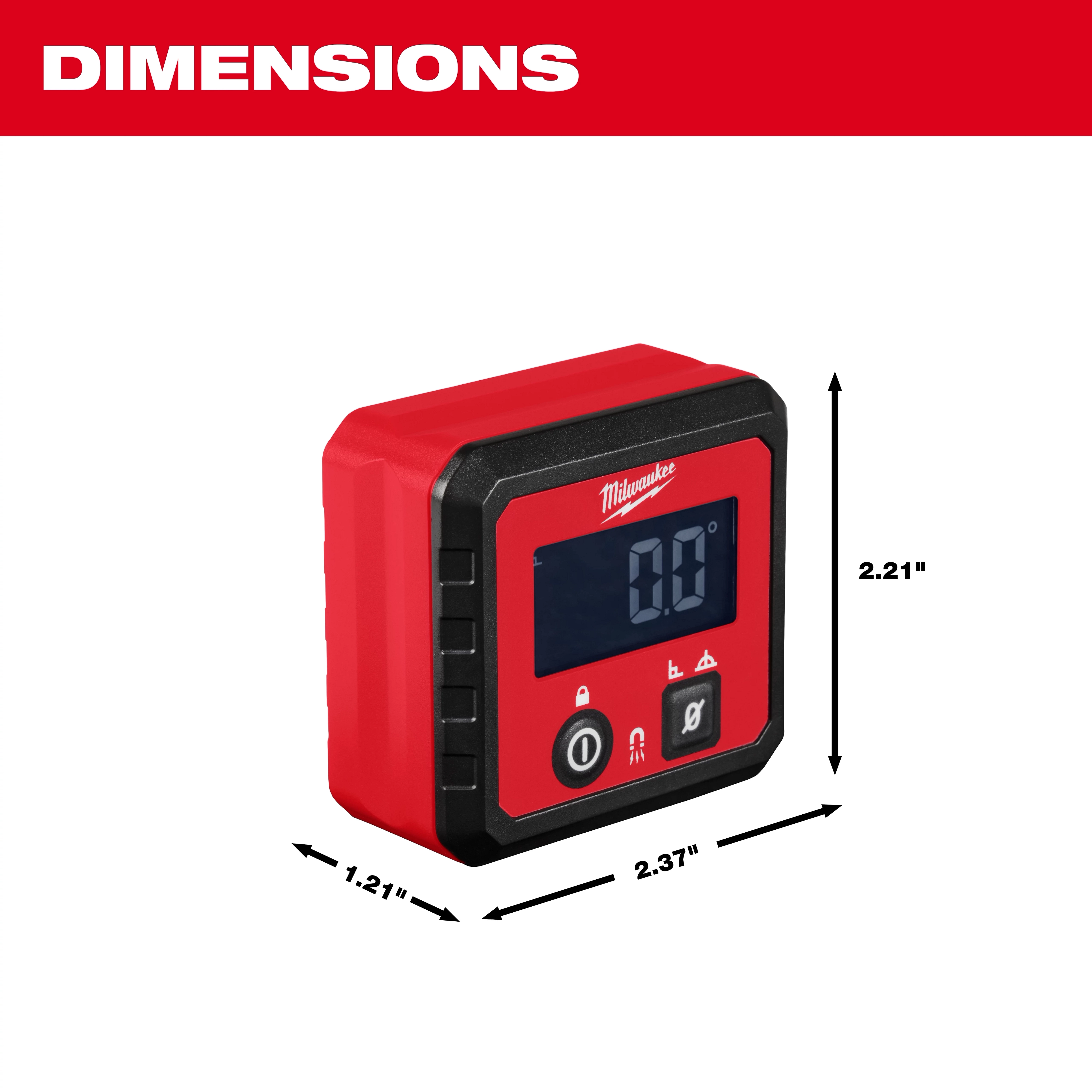The Digital Angle Gauge is a red and black device measuring 2.21 inches by 2.37 inches by 1.21 inches.