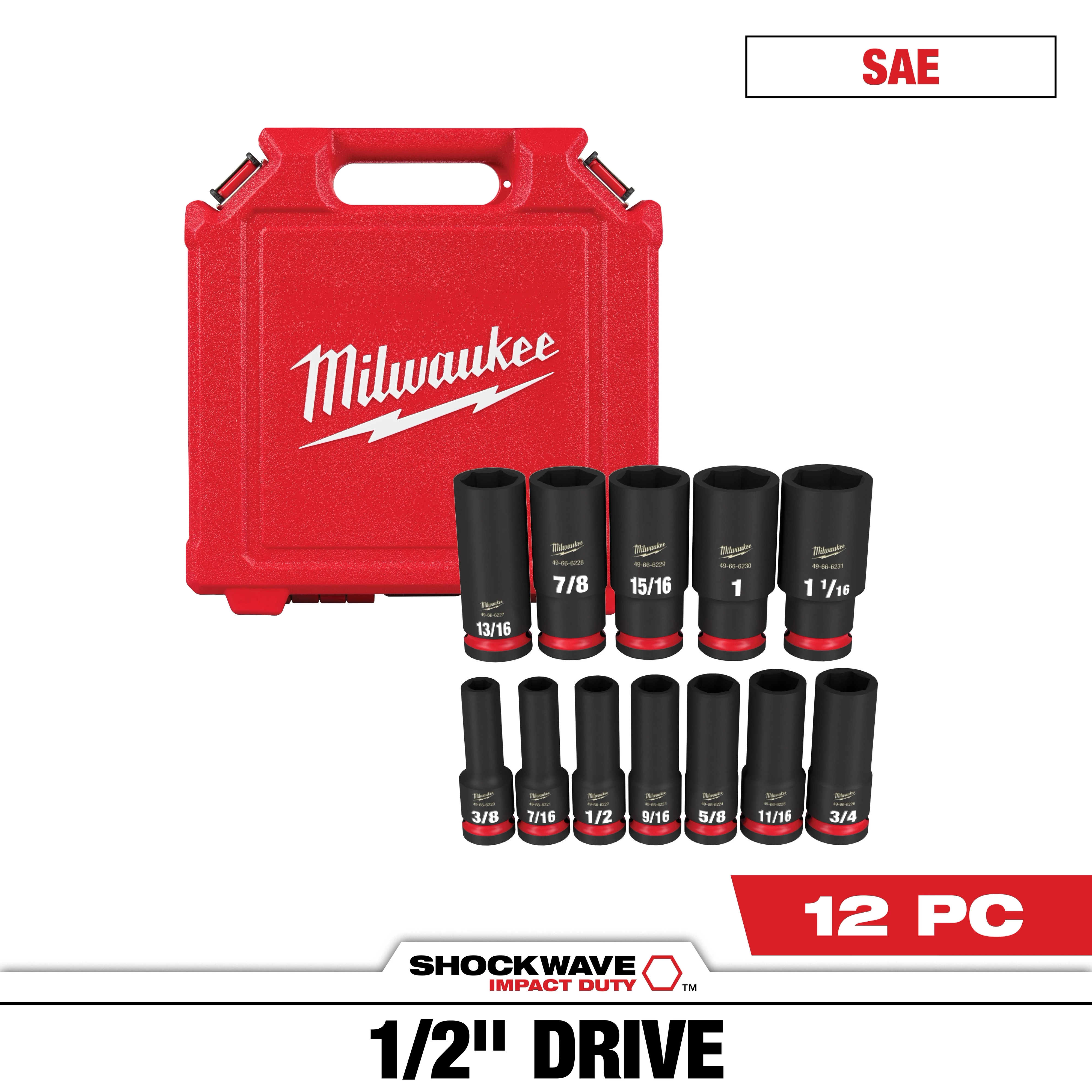 Milwaukee SHOCKWAVE 1/2 in. Drive SAE Deep Well Impact Socket Set features 12 black impact sockets with red bands, varying sizes between 3/8 and 1-1/16 inches. Includes a red Milwaukee-branded carrying case. Designed for high-performance impact applications. Marked as a 12-piece SAE set.
