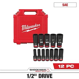 Milwaukee SHOCKWAVE 1/2 in. Drive SAE Deep Well Impact Socket Set features 12 black impact sockets with red bands, varying sizes between 3/8 and 1-1/16 inches. Includes a red Milwaukee-branded carrying case. Designed for high-performance impact applications. Marked as a 12-piece SAE set.