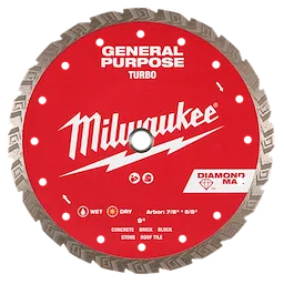 Image of a 9" DIAMOND MAX™ Turbo, General Purpose Diamond Blade by Milwaukee. The blade is red with a silver edge and is labeled for use on concrete, stone, brick, block, and roof tile. The arbor size is 7/8” and 5/8". Designed for wet and dry cutting.