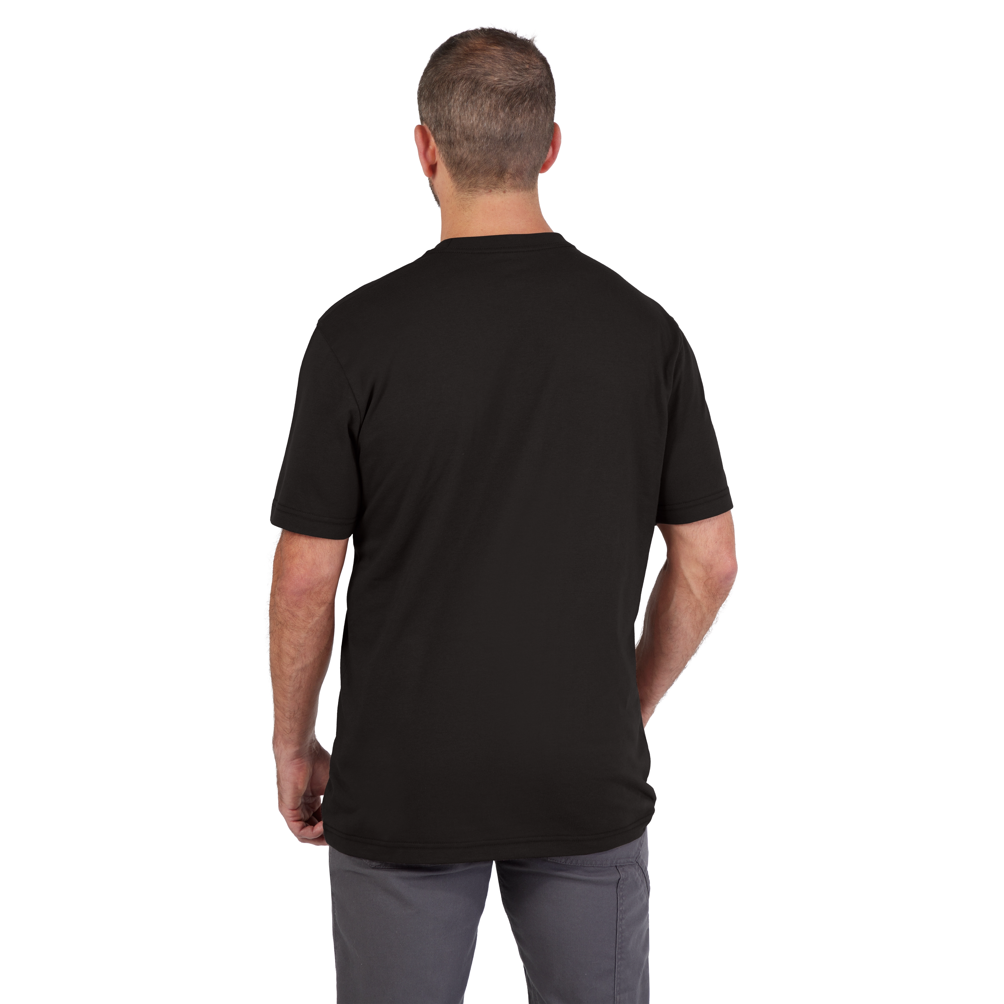 Rear view of a person wearing the Heavy Duty Pocket T-Shirt - Black, featuring a plain black design with short sleeves.