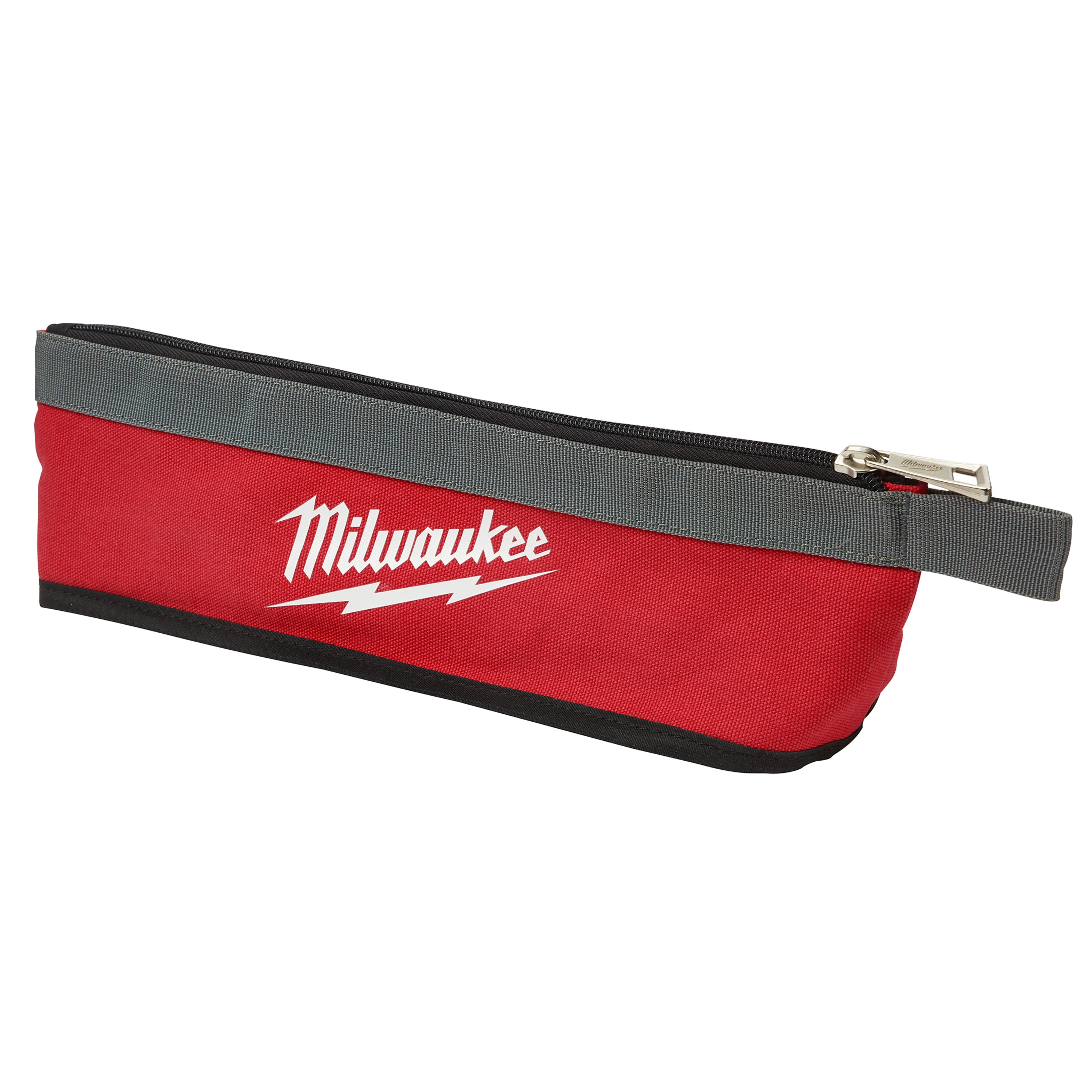 3PC Multi-Size Zipper Pouches, featuring a red fabric with a black base and gray zipper strip, branded with a Milwaukee logo.