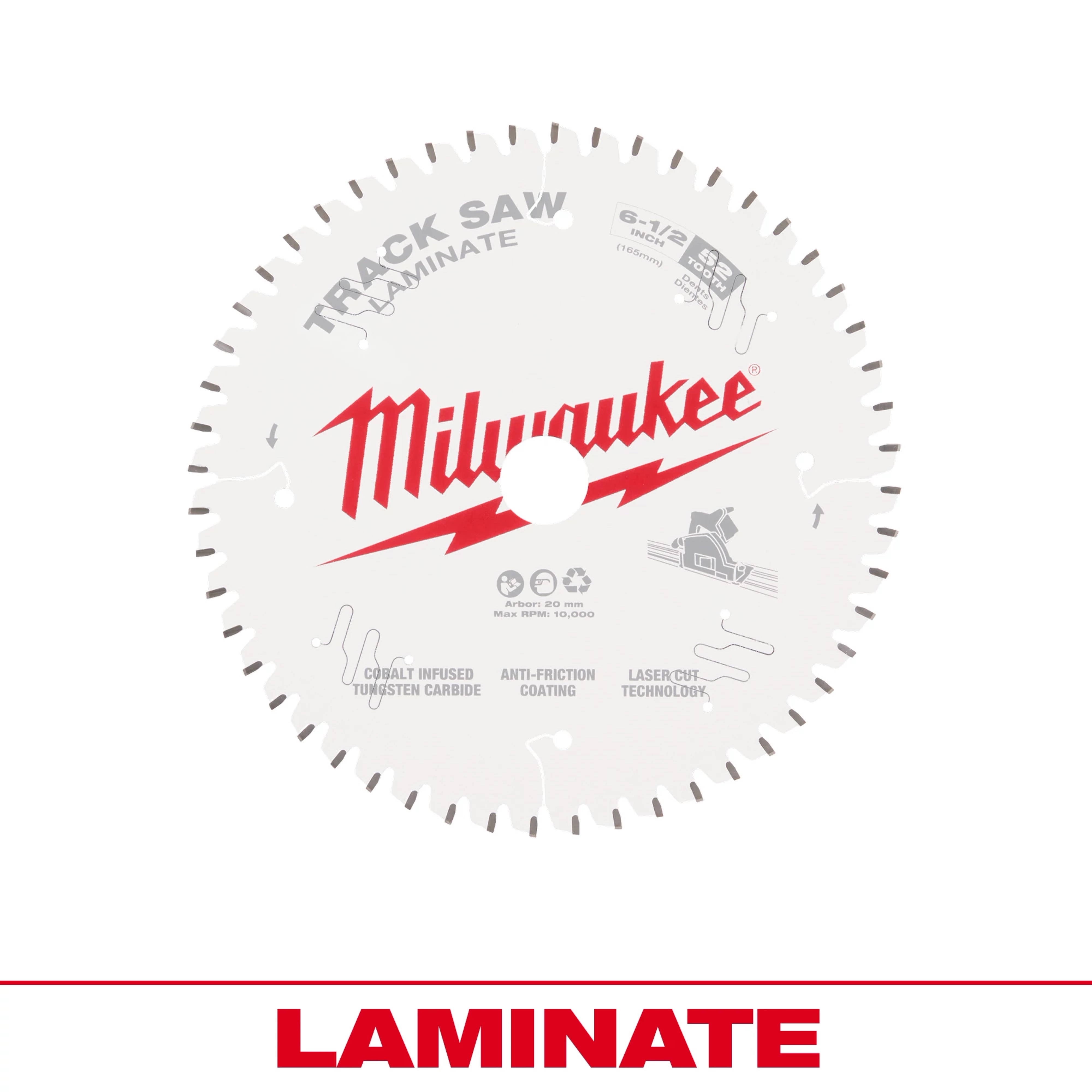 Milwaukee 48-40-0643 Laminate Track Saw Blade features 48 carbide teeth, anti-friction coating, and laser-cut technology for precise cuts.