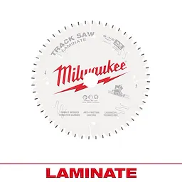 Milwaukee 48-40-0643 Laminate Track Saw Blade features 48 carbide teeth, anti-friction coating, and laser-cut technology for precise cuts.
