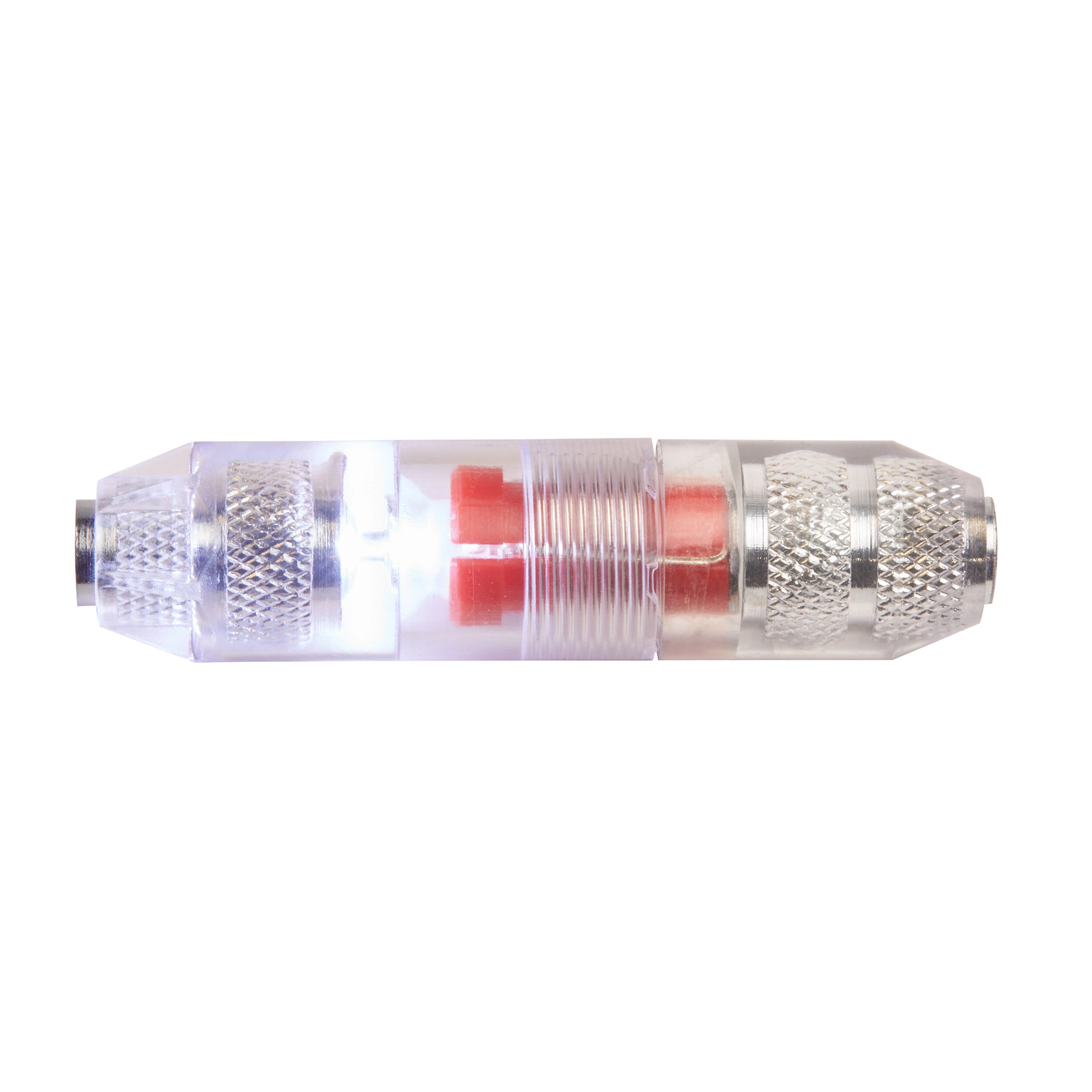 The Lighted Fish Stick Tip Accessory is a translucent, cylindrical tool attachment with a built-in LED light. It features two knurled metal connectors on each end and red internal components.
