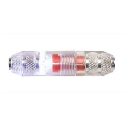 The Lighted Fish Stick Tip Accessory is a translucent, cylindrical tool attachment with a built-in LED light. It features two knurled metal connectors on each end and red internal components.
