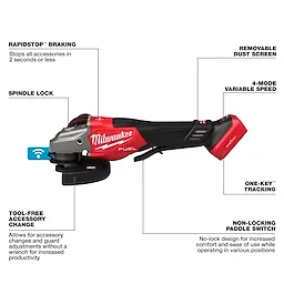 Milwaukee M18 FUEL™ 4-1/2"-6" Variable Speed Braking Grinder, Paddle Switch w/ ONE-KEY™ features rapidstop braking, spindle lock, removable dust screen, 4-mode variable speed, tool-free accessory change, and a non-locking paddle switch. The red and black grinder also offers ONE-KEY™ tracking functionality.