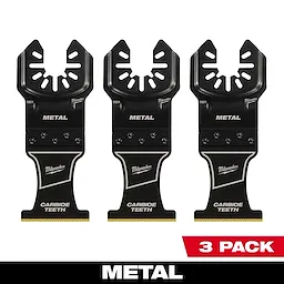 Three-pack of Milwaukee Open-Lok 1-3/8" Carbide Teeth Metal Multi-Tool Blades, designed for efficient metal cutting.