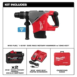 The Milwaukee M18 FUEL 1-9/16" SDS Max Rotary Hammer with ONE-KEY kit includes the hammer, two HD12.0 batteries, charger, and carrying case.