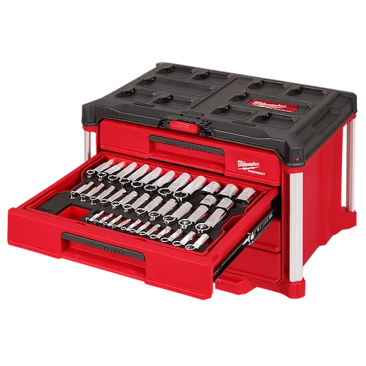 The image shows a 242-piece 1/4”, 3/8”, and 1/2” drive metric and SAE ratchet and socket set with PACKOUT™ 4-drawer tool box. The tool box is red with black accents and has one open drawer displaying various sockets and ratchets neatly organized inside.