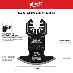 Milwaukee Open-Lok Diamond Max Diamond Grit Grout Removal Multi-Tool Blade labeled with features like universal fit, curved edge, and 1/8" kerf.