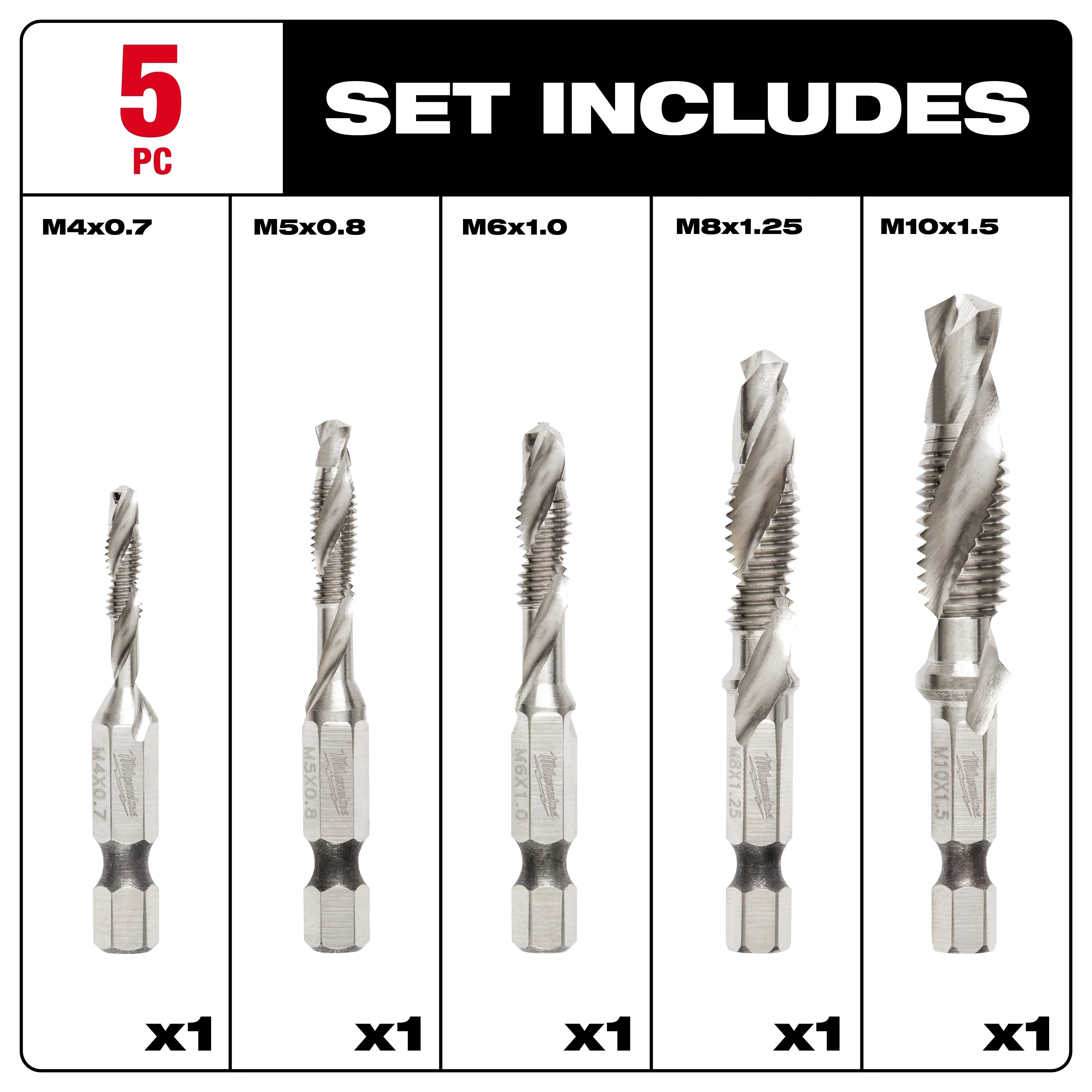 SHOCKWAVE Metric Steel Drill Tap Set (5-Piece) includes five drill taps in sizes M4x0.7, M5x0.8, M6x1.0, M8x1.25, and M10x1.5. Each tap is made of steel and is designed for metric measurements. The taps are shown individually with their corresponding sizes and quantities.
