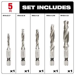 SHOCKWAVE Metric Steel Drill Tap Set (5-Piece) includes five drill taps in sizes M4x0.7, M5x0.8, M6x1.0, M8x1.25, and M10x1.5. Each tap is made of steel and is designed for metric measurements. The taps are shown individually with their corresponding sizes and quantities.