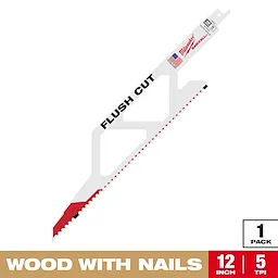 The Milwaukee Sawzall 12-inch flush cut blade is designed for cutting wood with nails. It features a white and red design, 5 teeth per inch (TPI), and is sold in a pack of one.