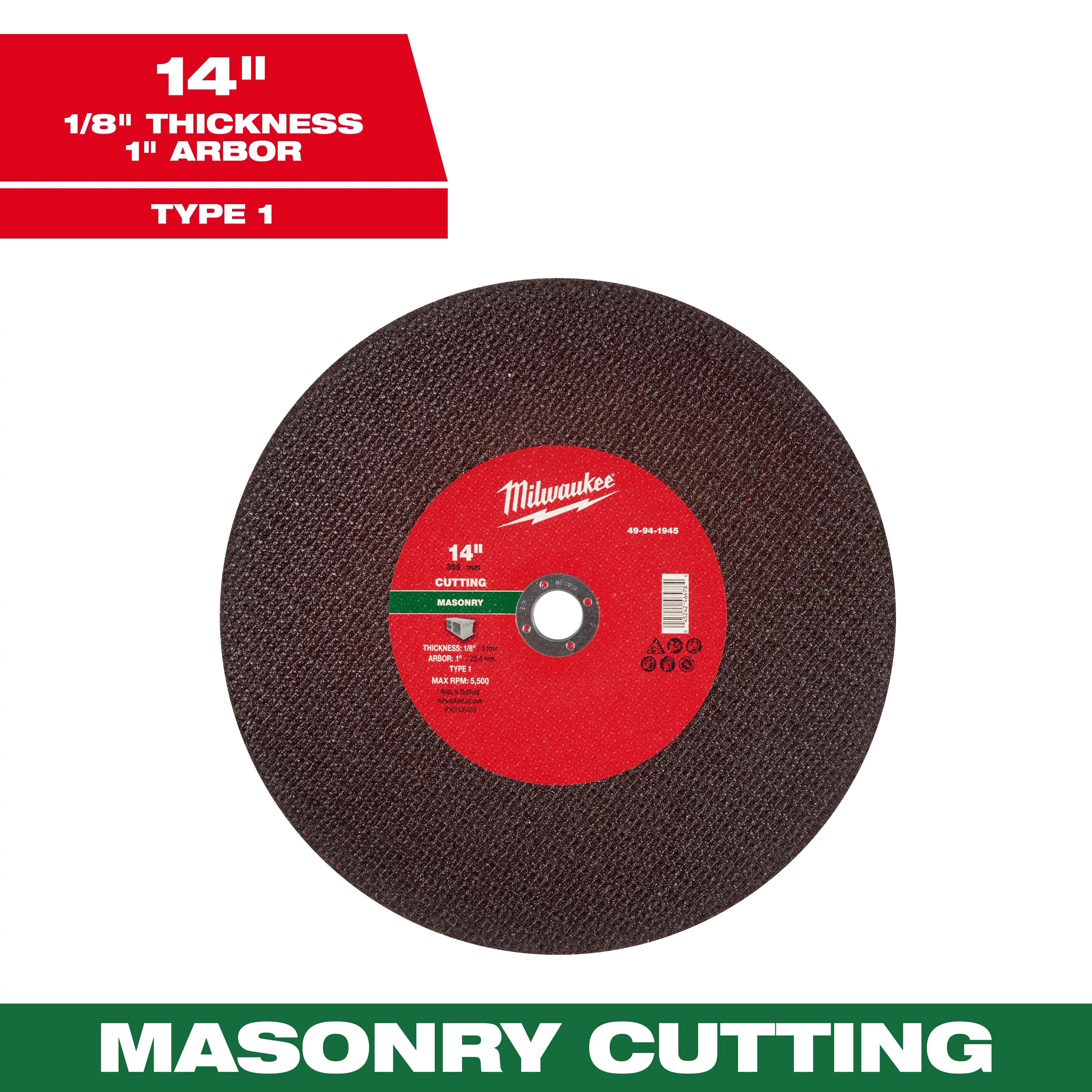 14" x 1/8" x 20mm Masonry Cut Off Wheel - Type 1 with a red and black design, suitable for masonry cutting.