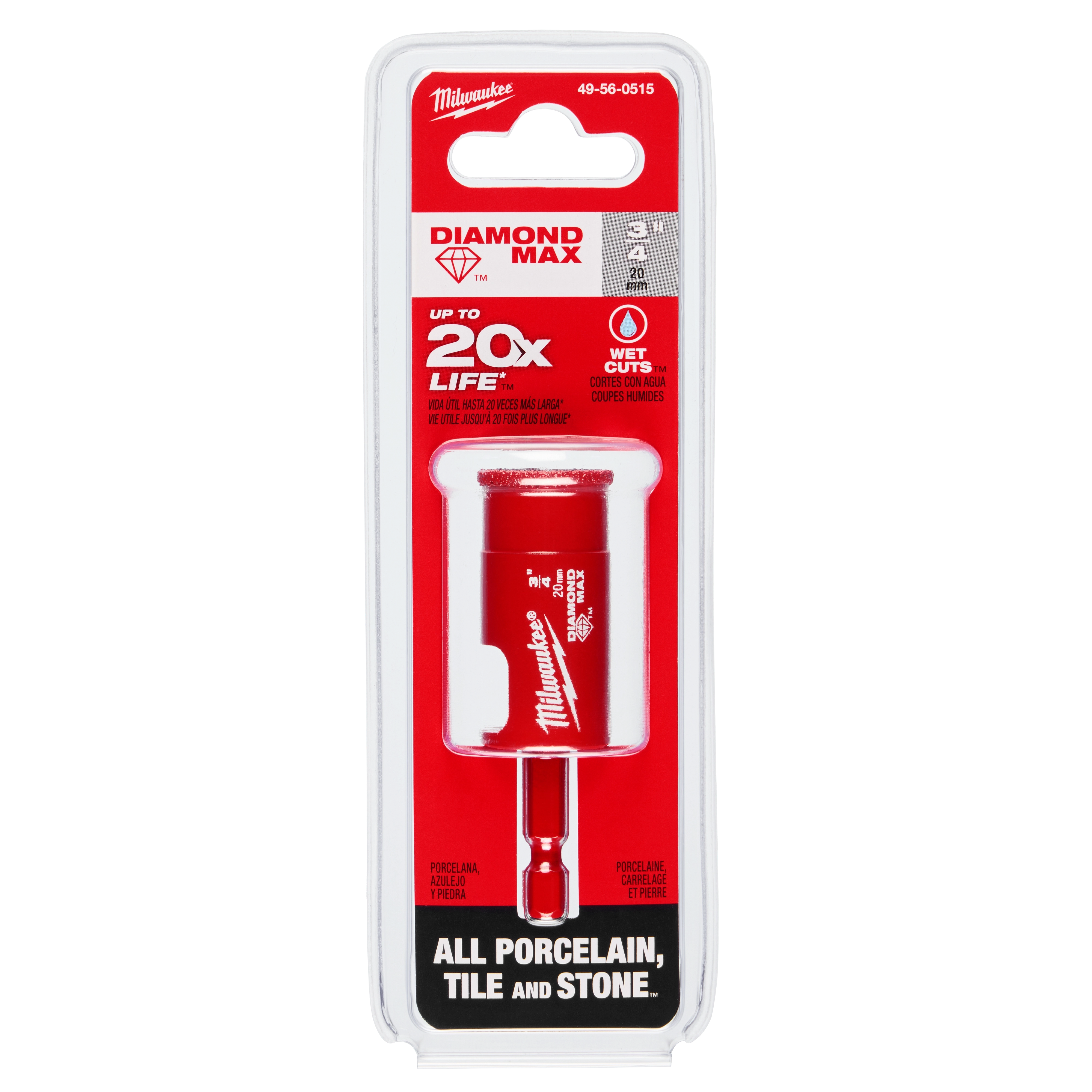 The 3/4" Diamond Max Hole Saw is a red drilling tool designed for cutting through porcelain, tile, and stone with up to 20x life.