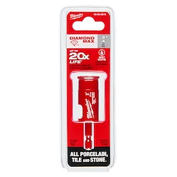 The 3/4" Diamond Max Hole Saw is a red drilling tool designed for cutting through porcelain, tile, and stone with up to 20x life.