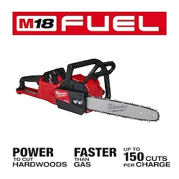 Image of a Milwaukee M18 FUEL™ Chainsaw with a red body and silver blade. Text indicates it has the power to cut hardwoods, is faster than gas chainsaws, and can make up to 150 cuts per charge.