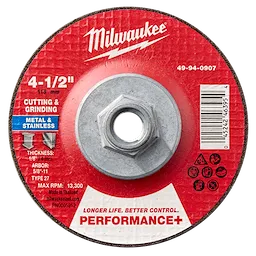 4-1/2" x 1/8" x 5/8-11" Performance+ Dual Metal Cut & Grind Wheel - Type 27. Red label, metal center, for cutting and grinding.