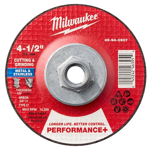 4-1/2" x 1/8" x 5/8-11" Performance+ Dual Metal Cut & Grind Wheel - Type 27. Red label, metal center, for cutting and grinding.