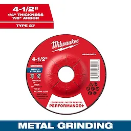 Milwaukee Performance+ Metal Grinding Wheel - Type 27, 4-1/2" x 1/4" x 7/8", for metal and stainless, 13,300 max RPM.