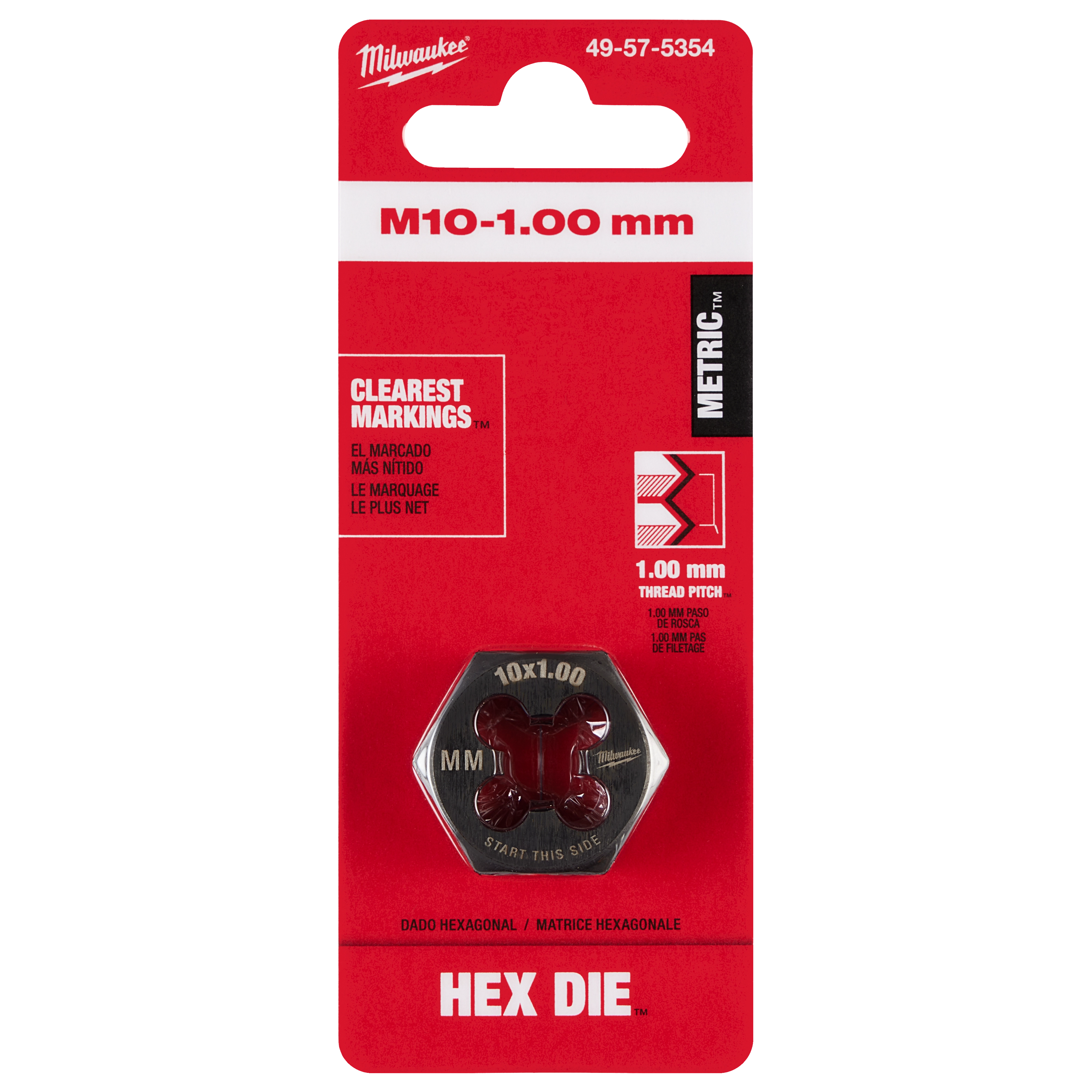 M10-1.00 mm 1-Inch Hex Threading Die, packaged with clear markings for easy identification. Suitable for metric threads, 1.00 mm pitch.