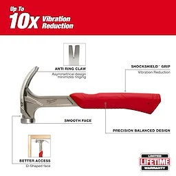 12oz Smooth Face Hybrid Claw Finish Hammer with anti-ring claw, shockshield grip, precision balanced design, and D-shaped face.