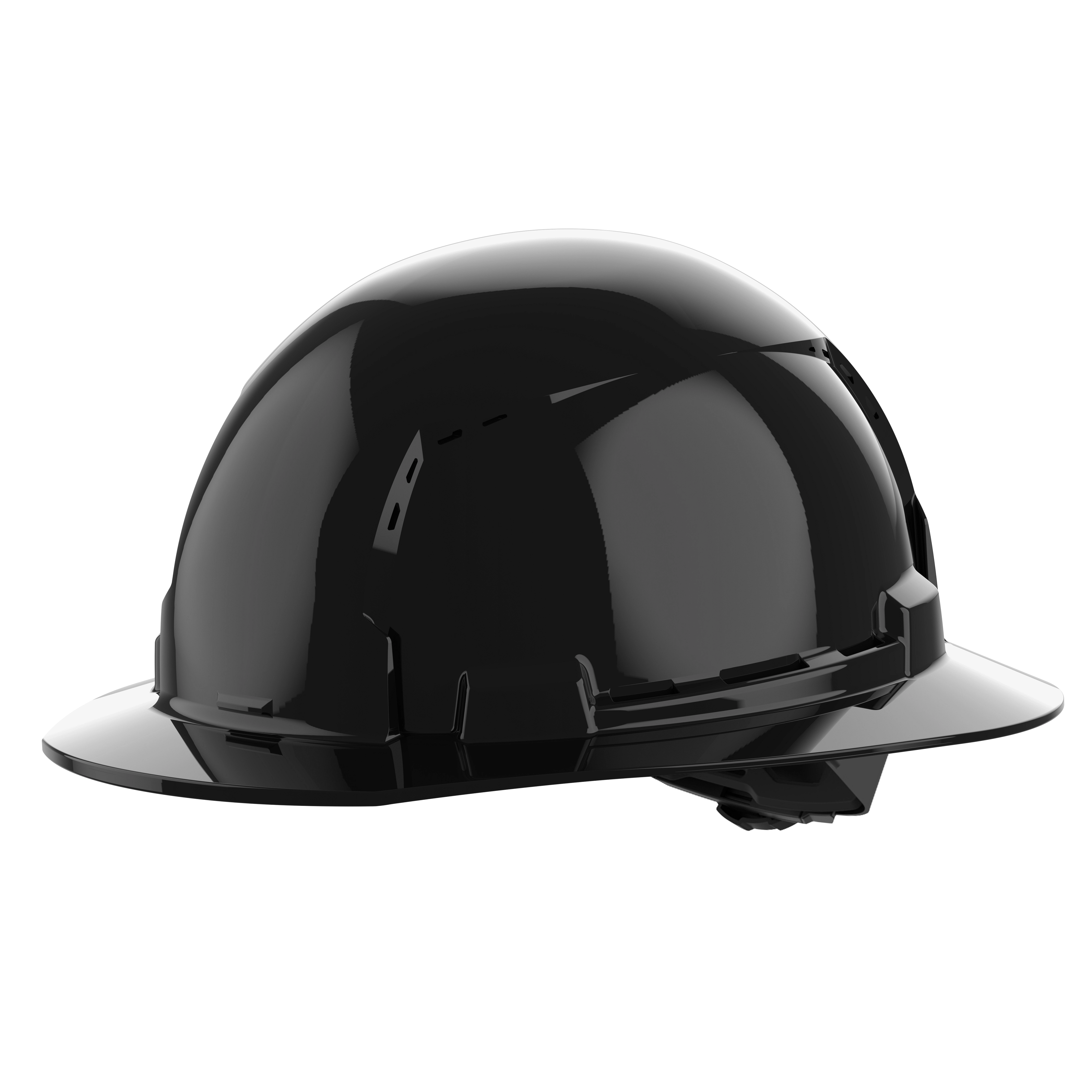 BOLT Black Full Brim Vented Hard Hat w/4pt Ratcheting Suspension (USA) - Type 1, Class C on a plain background