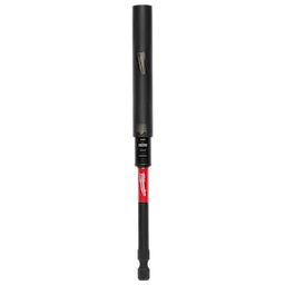 This image shows a SHOCKWAVE™ 6" Impact Duty Magnetic Drive Guide. It has a black and red design with a magnetic tip, ensuring secure fastening. The brand "Milwaukee" is visibly printed on the tool.