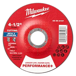 4-1/2" x 0.045" x 7/8" Performance+ Metal Cut Off Wheel - Type 27 for cutting metal and stainless, max RPM 13,300.