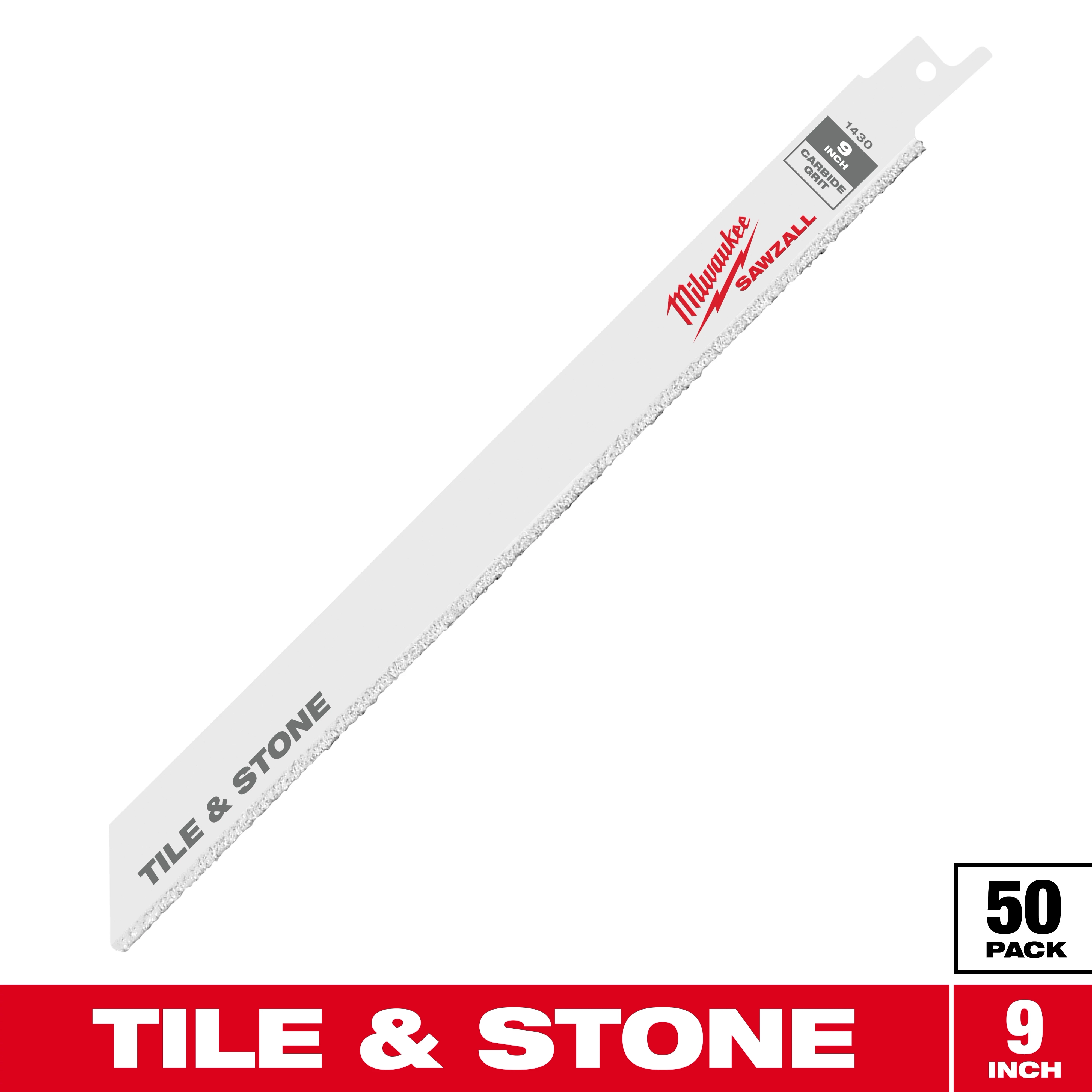 Milwaukee Sawzall 9-inch blade for tile and stone cutting, sold in a 50-pack. The blade has a white body with carbide grit edge and is labeled "TILE & STONE." The product name is printed in red.