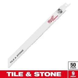 Milwaukee Sawzall 9-inch blade for tile and stone cutting, sold in a 50-pack. The blade has a white body with carbide grit edge and is labeled "TILE & STONE." The product name is printed in red.