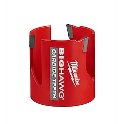 Red 2-9/16" BIG HAWG with Carbide Teeth hole saw featuring three carbide teeth and the Milwaukee logo on the front.