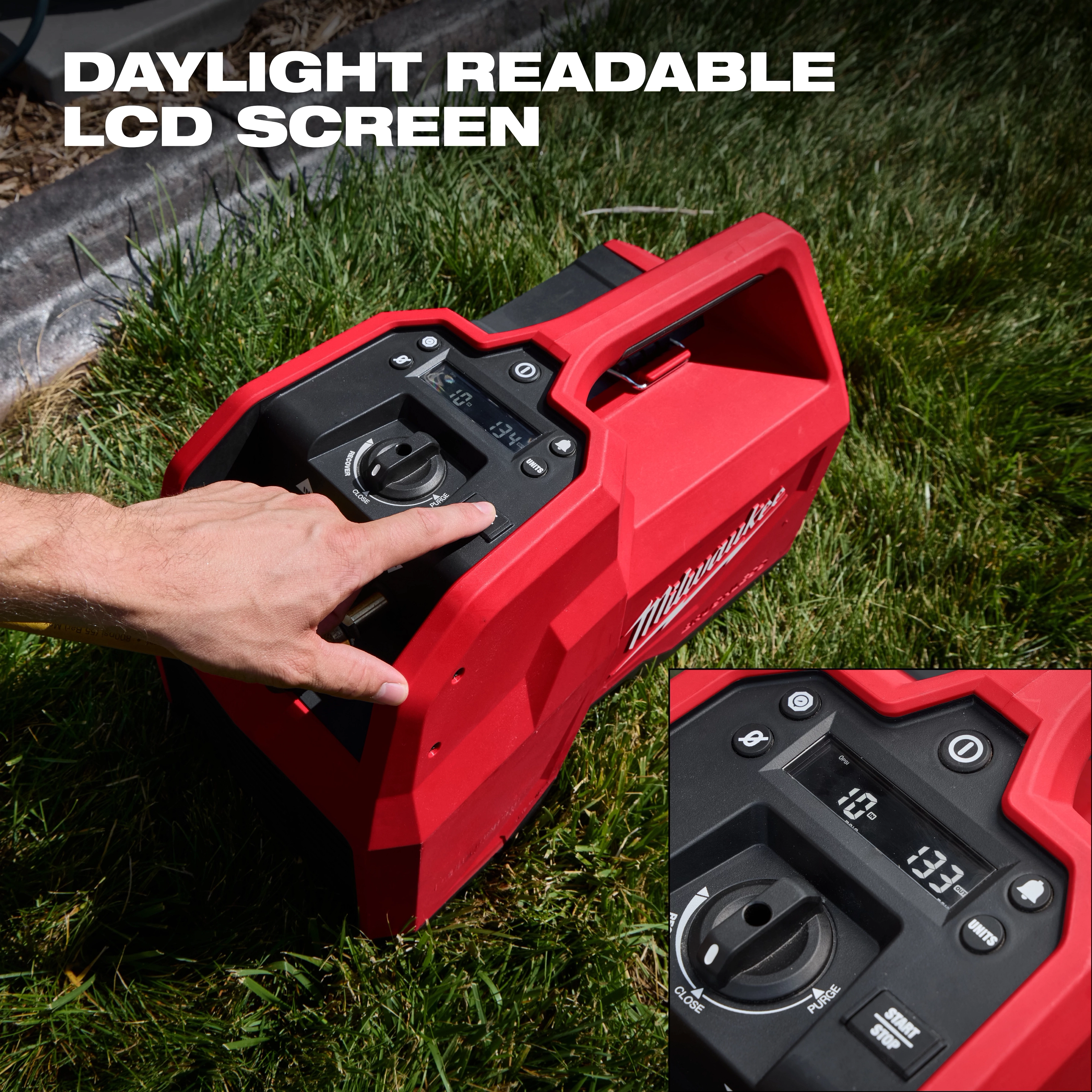 Red M18 Brushless Refrigerant Recovery Machine with a daylight-readable LCD screen.