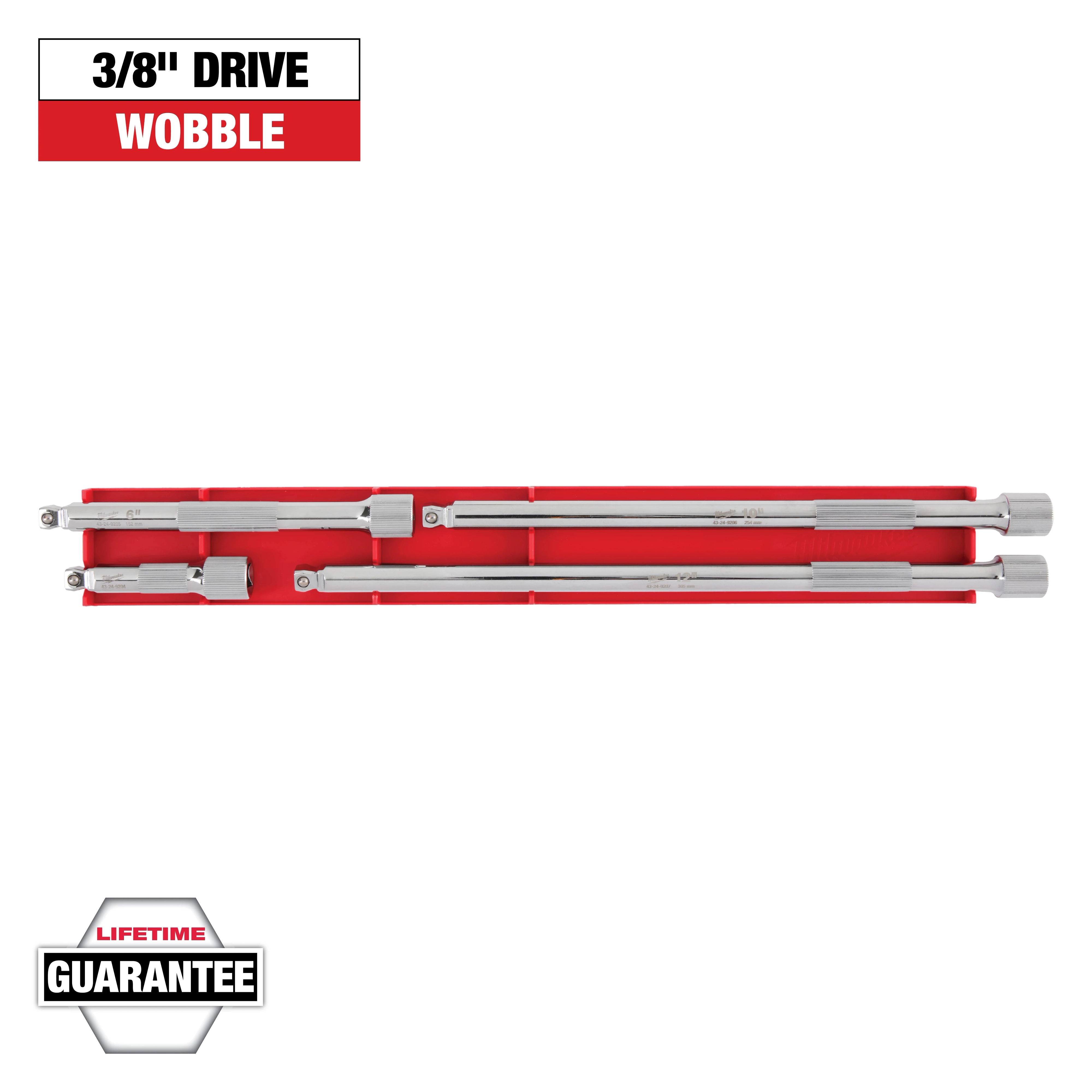 The image shows a set of 3/8-inch drive wobble extensions arranged in a red holder. The top-left corner has text "3/8" Drive Wobble," and the bottom-left corner features a "Lifetime Guarantee" badge.