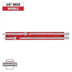 The image shows a set of 3/8-inch drive wobble extensions arranged in a red holder. The top-left corner has text "3/8" Drive Wobble," and the bottom-left corner features a "Lifetime Guarantee" badge.