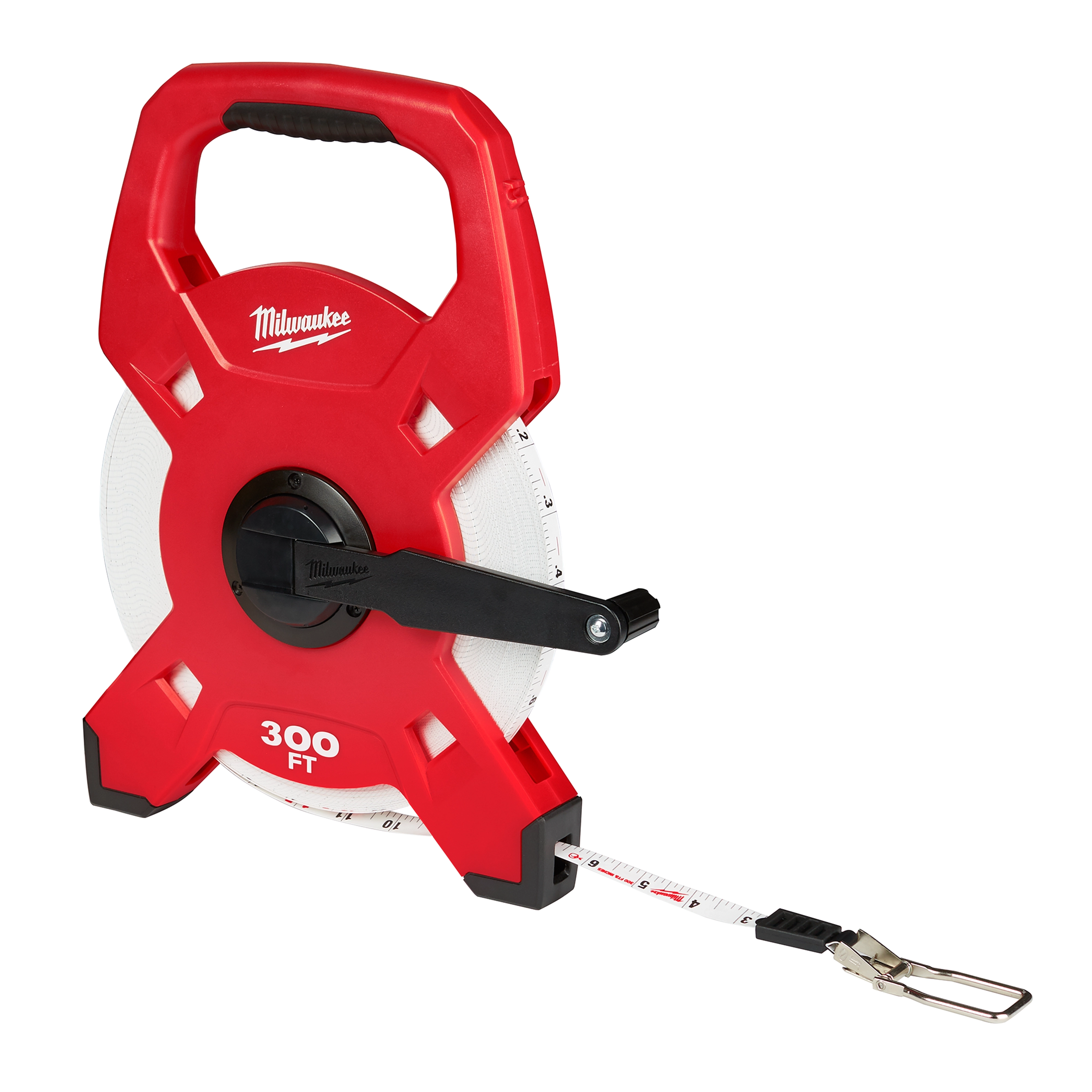 Milwaukee 300ft Fiberglass Long Tape, red casing with a black handle and crank, white measuring tape extended partially out.
