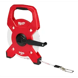 Milwaukee 300ft Fiberglass Long Tape, red casing with a black handle and crank, white measuring tape extended partially out.