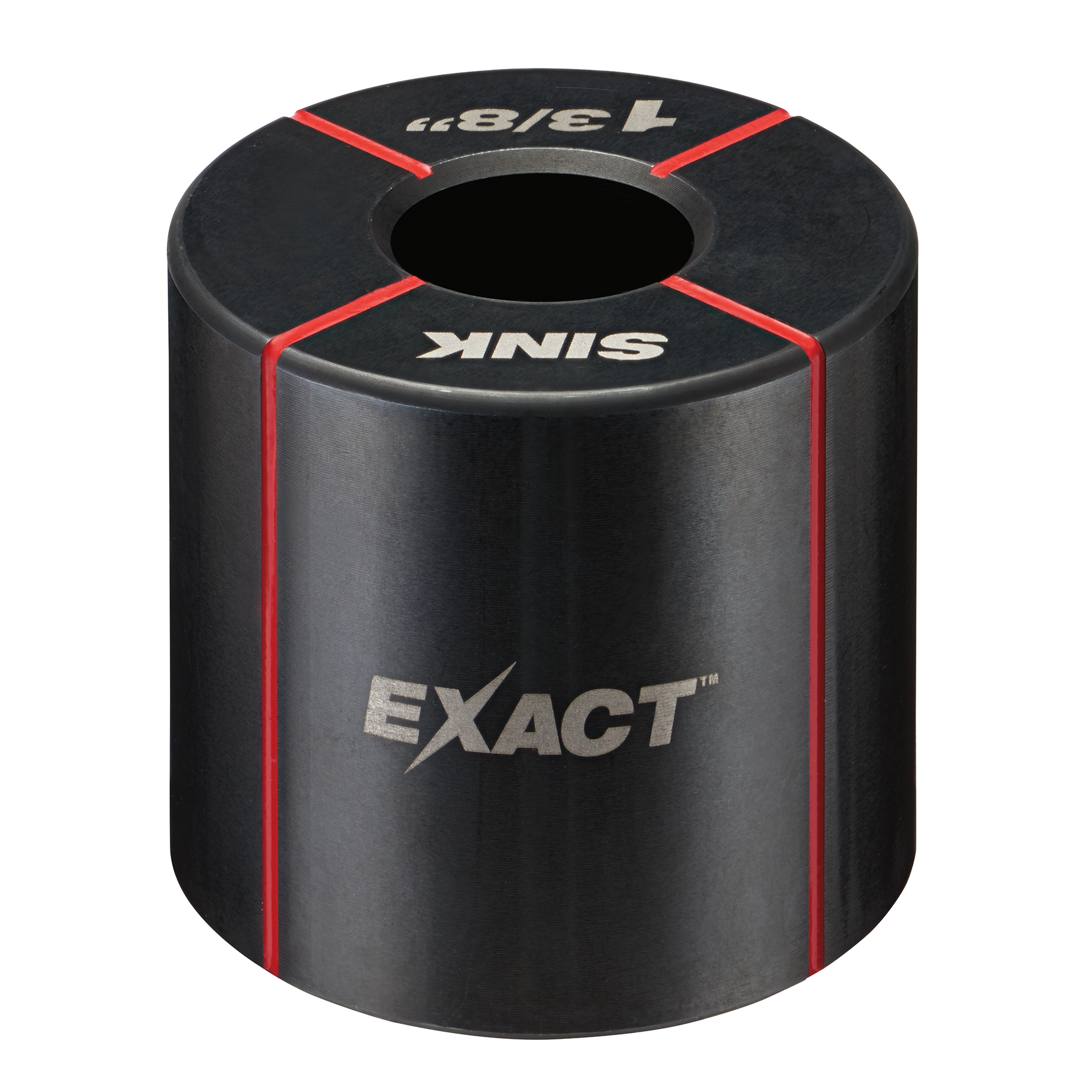 Exact™ 1-3/8" Sink Die is a cylindrical metal tool with black finish, red vertical lines, and text displaying "1-3/8" and "SINK" on the top surface. The brand name "Exact" is printed in silver on the side.