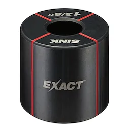 Exact™ 1-3/8" Sink Die is a cylindrical metal tool with black finish, red vertical lines, and text displaying "1-3/8" and "SINK" on the top surface. The brand name "Exact" is printed in silver on the side.